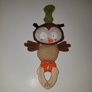 Simply Bright Starts Plush Owl Rattle Wood Teether Baby Toy Stuffed Animal Lovey